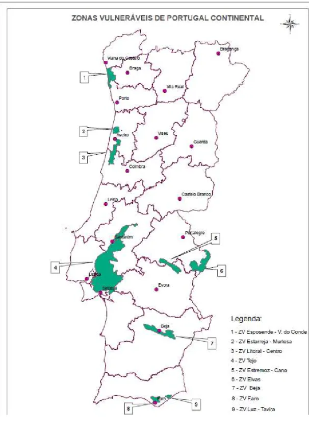 Figura 2: Mapa das zonas vulneráveis de Portugal Continental 