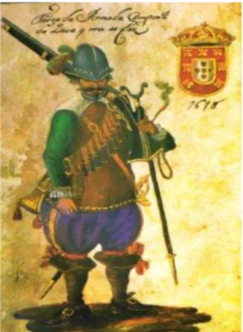 Ilustração 1: Mosqueteiro do Terço da Armada Real da Coroa de Portugal (1618). 