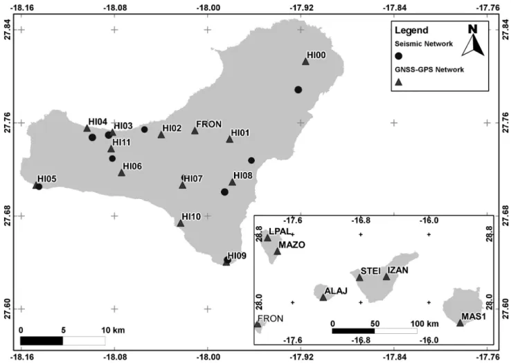 Figure 3. Location of seismic and GNSS-GPS stations (IGN, UCA and CSIC networks). LPAL belongs to the IGS network and it was therefore selected as a reference station for the GNSS-GPS data processing for the entire seismic crisis and eruptive process
