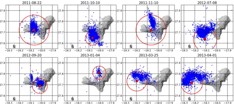 Figure 9. Intersections of the maximum differential stress cones with the island’s surface, and seismicity of each of the unrest episodes