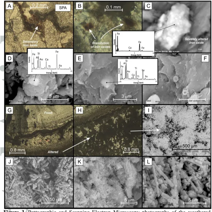 Figure  3.  Petrographic  and  Scanning  Electron  Microscopy  photographs  of  the  weathered  stalactite (SPA)