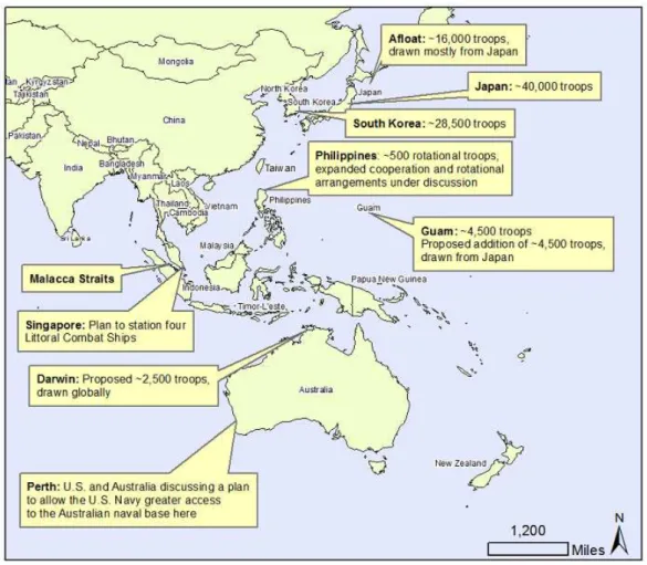 Figura n.º 3 - Projeção de meios militares americanos na região da Ásia-Pacífico  Fonte: (Manyin, 2012, p