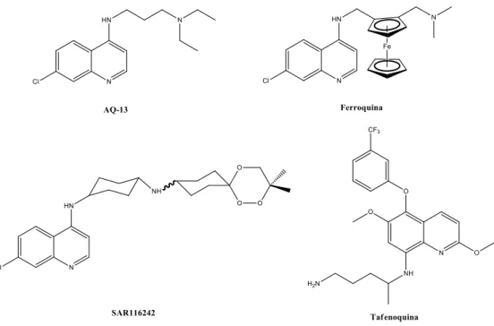 Figura  2-6  –  Representação  da  estrutura  química  dos  compostos  AQ-13,  ferroquina,  SAR116242  e 
