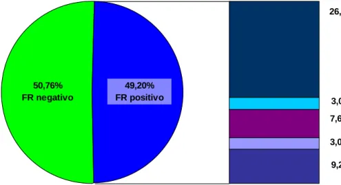 Figura 6: Pacientes com o diagnóstico de AR inicial avaliados no HUB, segundo perfil de  positividade para o FR (avaliação inicial, n:65) 