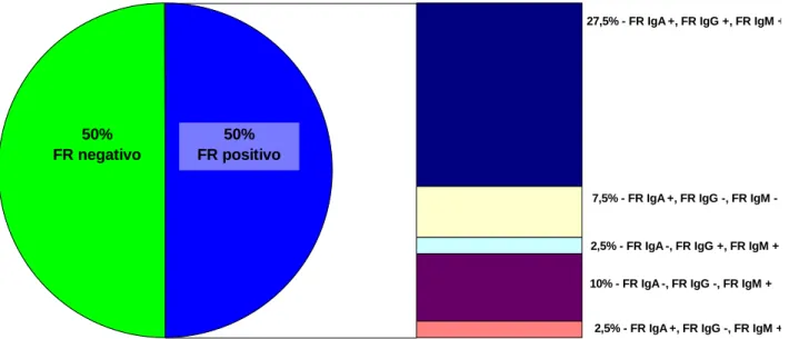 Figura 10: Pacientes com AR inicial avaliados no HUB, segundo perfil de  positividade para FR (avaliação após 3 anos de acompanhamento, n:40) 