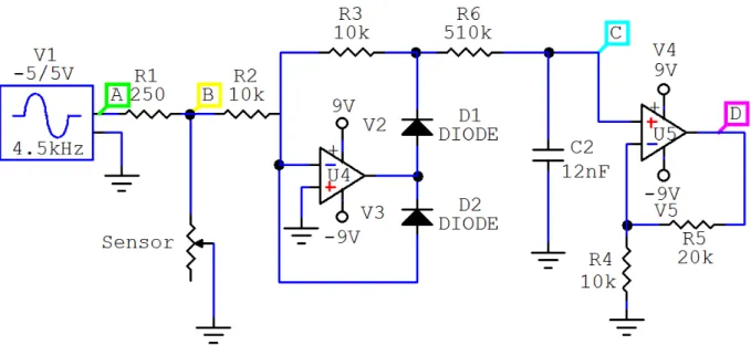 Figura II.5 - Circuito condicionador de condutividade  Lista de componentes:  1 – Resistência de 250   / ½ W  3 – Resistência de 10 K  / ¼ W  1 – Resistência de 20 K  / ¼ W  1 – Condensador de poliéster 12 nF  2 – C.I