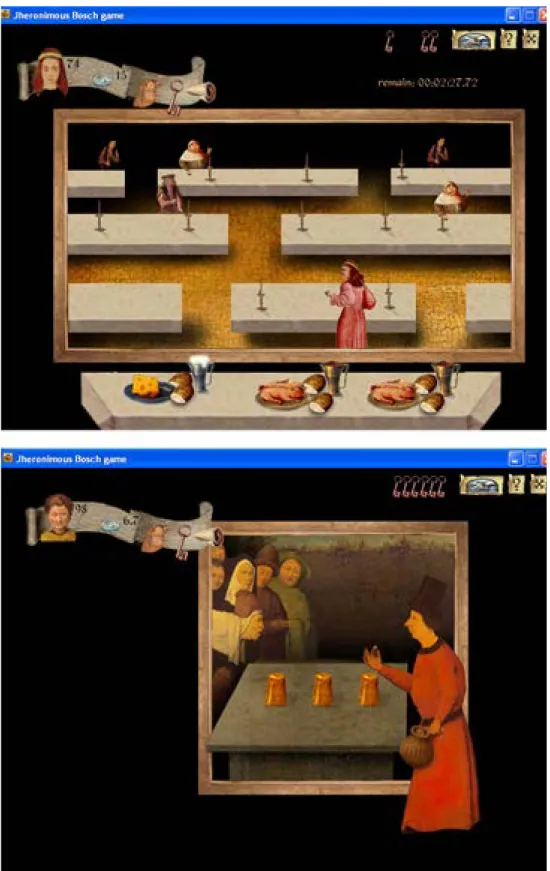 Figura 4: Duas capturas de tela do jogo: (1) servindo mesas na taberna; (2) descobrindo onde está a moeda no jogo dos copos.