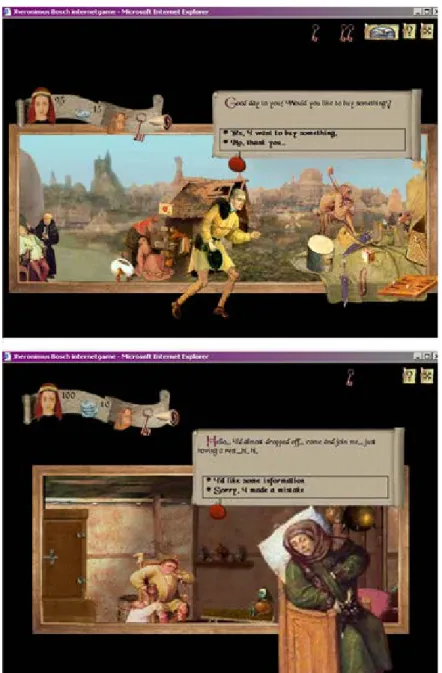 Figura 1: Duas capturas de tela do jogo: (1) jogador negociando objetos com um mascate; (2) diálogando sobre o pecado da preguiça.