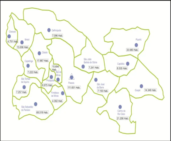 Figura 2. Área dos municípios da AMEG com a sua população estimada  Fonte: IBGE (2013) 