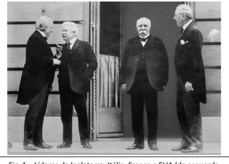 Fig. 1  –  Líderes da Inglaterra, Itália, França e EUA (da esquerda  para a direita)na reunião do Tratado de Versalhes (Paris, 1919)