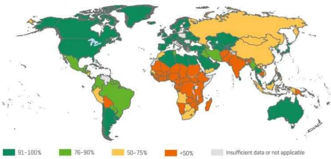 Figura 4 - Proporção da população mundial com acesso a saneamento (Fonte - WHO &amp; Unicef, 2014) 