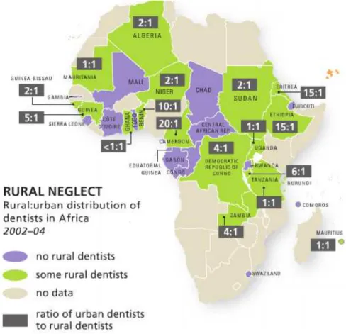 Figura 6 - Proporção em regiões rurais e urbanas de Médicos Dentistas em África (Fonte - Beaglehole et  al., 2009) 