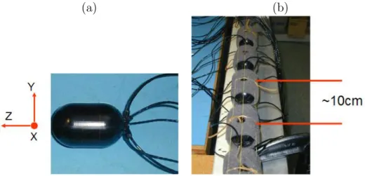 Figure 3.1: Constitution of a single vector sensor with x, y and z axis orientation (a) and a 5 element vertical VSA with 10 cm spacing view (b).