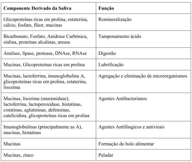 Tabela 1:  Funções dos componentes da saliva