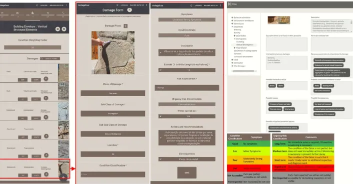 Figure 4. On-site-inspection phase with the mobile application (from left to right: list of some of the  damages for the vertical structures elements; parameters used to identify one of the damages observed; 