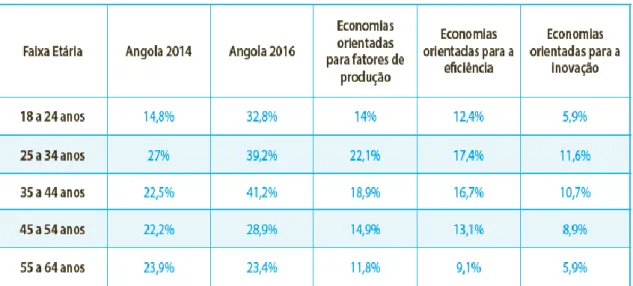 Tabela  2  -  TEA  por  faixa  etária  em  Angola,  2014  e  2016  e  nos  diferentes  tipos  de  economia em 2016