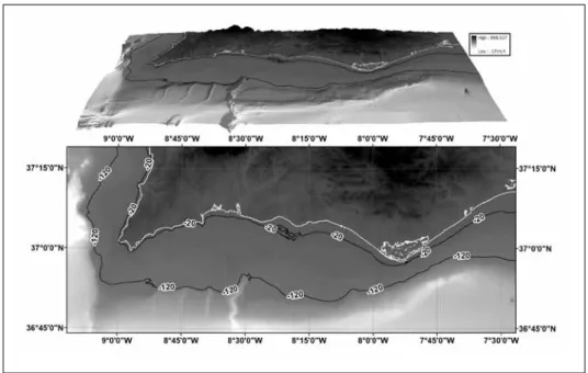 Fig. 1 –  The Algarve Margin showing the 20 and 120 m bathymetric contour lines. The image was  produced using the tools of Mirone Program (Luís 2007).