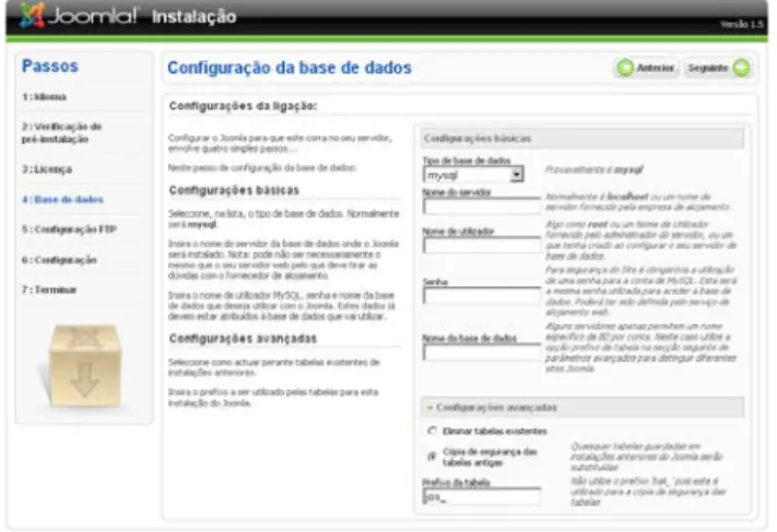 Fig. 3 -  Instalação do Joomla: configuração da base de dados 