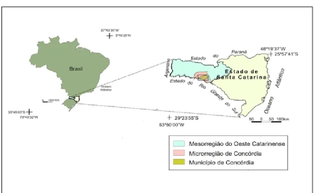 Figura 1 – Mapa do Brasil, destacando Santa Catarina e Concórdia-SC