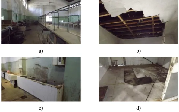 Figura 23 Interior do edifício; a) aspeto geral do interior do edifício; b) revestimento do teto danificado; c) pintura degradada e pia com azulejo partido e d) revestimento do pavimento com falta de mosaicos