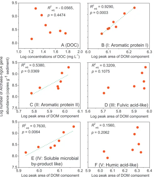 Fig. 3. Linear relationships between the copies of Archaea-hgcA gene in sediments and DOC concentrations (A) and the amount of ﬁ ve components of DOM (A-F) in
