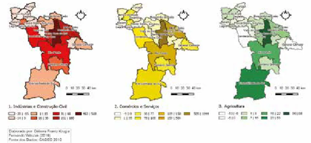 Figura 3 – Distribuição territorial dos saldos entre emprego e desemprego, por setor econômico em 2010