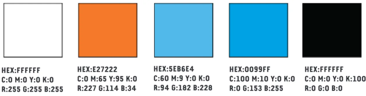 Figura 06. Principais cores da KLM (Branco, KLM Laranja, KLM Light Blue, KLM Blue, Preto)