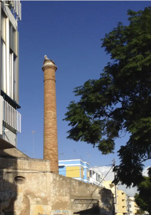Figure 6 – Old brick factory chimney surrounded by   modern buildings, hosts a stork’s nest