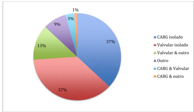 Figura 10 - Representação gráfica e percentual por tipo de procedimento cirúrgico (Legenda: CABG  – Coronary artery bypass graft) 