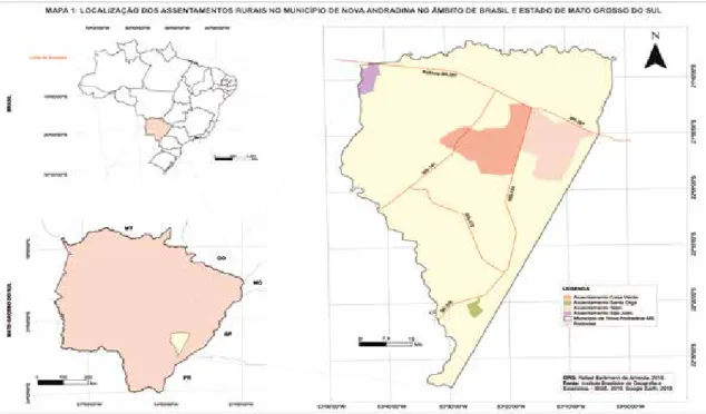 Figura 1 – Mapa da localização dos assentamentos rurais no município de Nova Andradina   no âmbito de Brasil e Estado de Mato Grosso do Sul