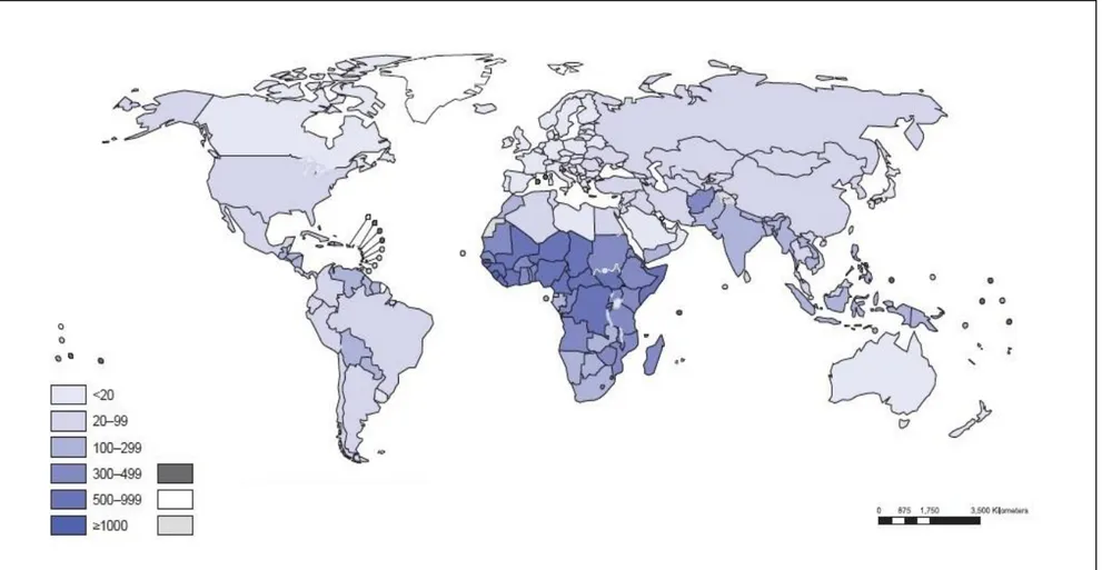 Figura 4 - Mortalidade materna no mundo. Relação de países com Taxa de Mortalidade Materna, morte por 100.000 partos  realizados com vida, 2010