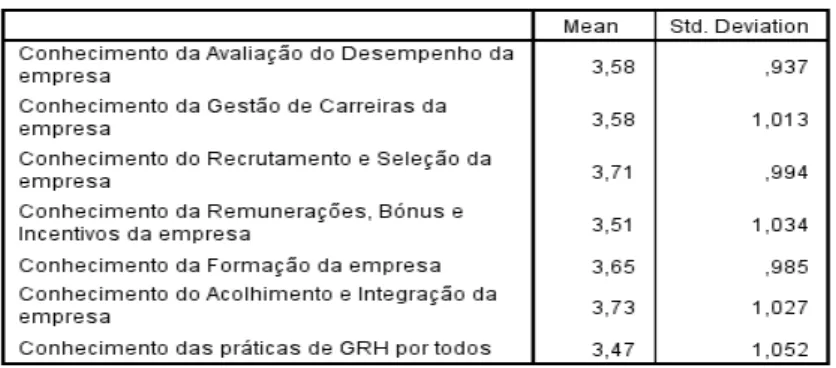 Tabela  12  -  Item  Statistics  das  variáveis  correspondentes  ao  conhecimento  das  práticas  de  GRH  presentes  no  questionário (Parte 2, Grupo nº3)
