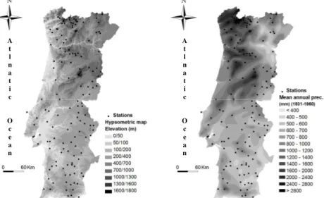 Figure 1:  Relief  and  mean  annual  precipitation  in  Mainland  Portugal  (the  dots  represent the location of the 144 rain gages that supported the study)