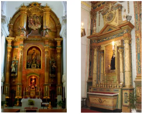 Figura 3. À esquerda: retábulo da capela-mor da igreja de São Bartolomeu de Sevilha,  da autoria de Manuel Romero (pai), c