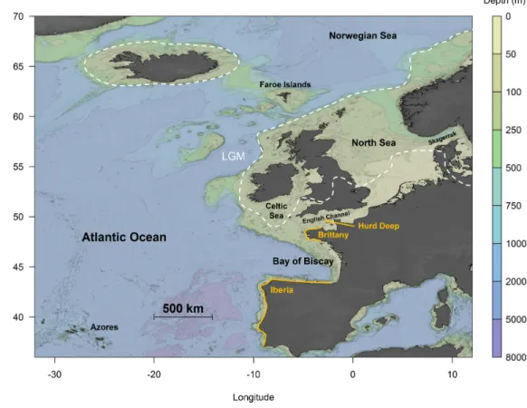 Figure 1 Topographical map of the northeast Atlantic Ocean. The white dotted lines represent the max- max-imum extent of ice cover during the Last Glacial Maxmax-imum (LGM) (redrawn from Hughes et al., 2016).