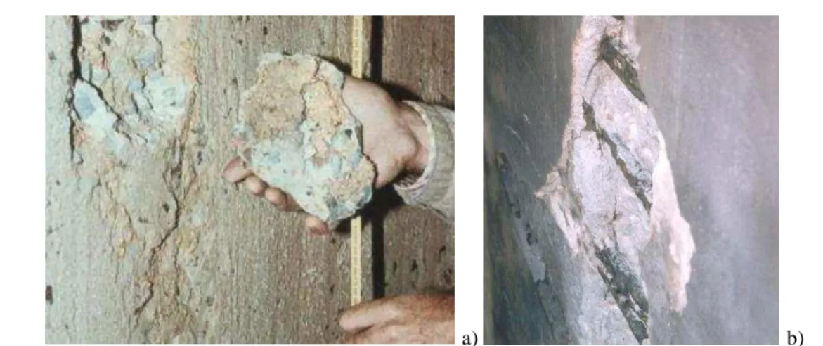 Figura 10 - Delaminação: a) causada por reações expansivas no betão; b) provocada   por corrosão de armaduras  