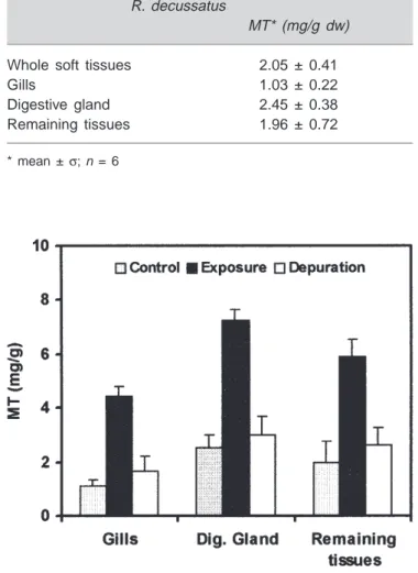 Figure 1. Ruditapes decussatus. Variation of MT concentrations in the gills, digestive gland and remaining tissues of clams exposed to Cd (100 µg/l) for 40 days and depurated for 50 days (data represents mean ± σ, n = 6).