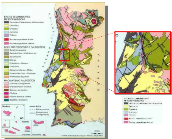 Ilustração 4 -  –  Carta Geológica de Portugal, escala 1: 100 0000, com pormenor da geologia  da região.