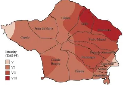 Figura 2. Mapa de intensidades da ilha do Faial na escala EMS-98, adaptado de [12]. 