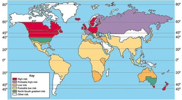 Figura 1 – Distribuição mundial da EM (adaptado de The Multiple Sclerosis Research Center, 2012)