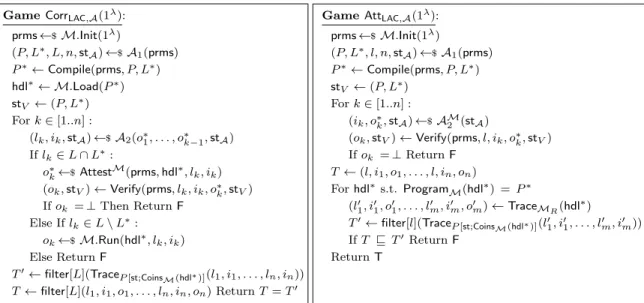Figure 5.8: Games defining the correctness (left) and security (right) of LAC .
