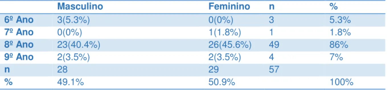 Tabela 1 - Distribuição por sexo do nível de escolaridade dos adolescentes (n=57). 