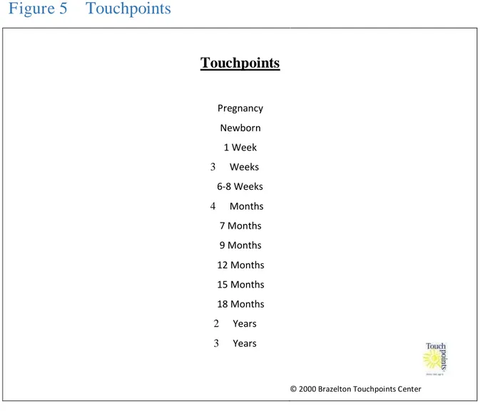 Figure 5   Touchpoints  Touchpoints Pregnancy Newborn 1 Week 3  Weeks 6-8 Weeks 4  Months 7 Months 9 Months 12 Months 15 Months 18 Months 2  Years 3  Years