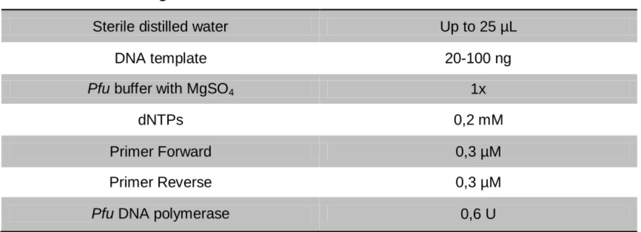 Table 5 - PCR reactions’ composition used for the addition of restriction enzyme adaptors to AmutPSI construction