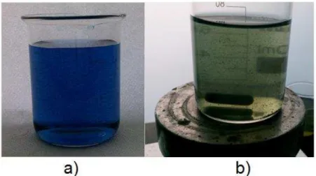 Figura 2.8  –  a) Reator com a solução de Remazol Azul RGB (20 mgL -1 ) a tratar; b) Reator com a  mesma solução após 20 minutos de tratamento com o reagente de Fenton