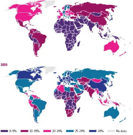Figura 4. Proporção da população com 60 anos ou mais em 2014 e em 2050 
