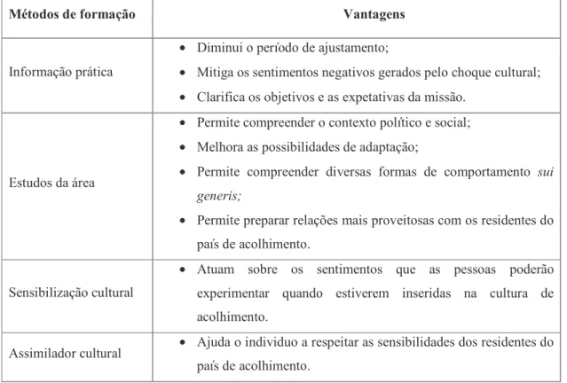 Tabela 2 - Vantagens dos quatro tipos de formações para a preparação transcultural 