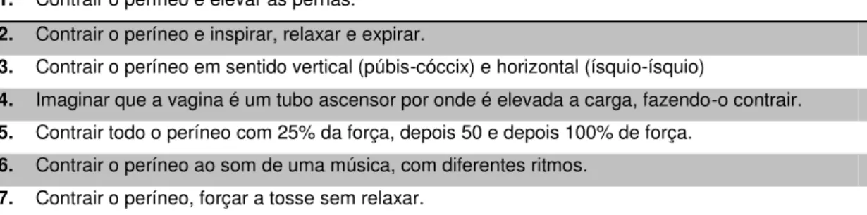 TABELA 2: Exercícios de fortalecimento da musculatura pélvica 