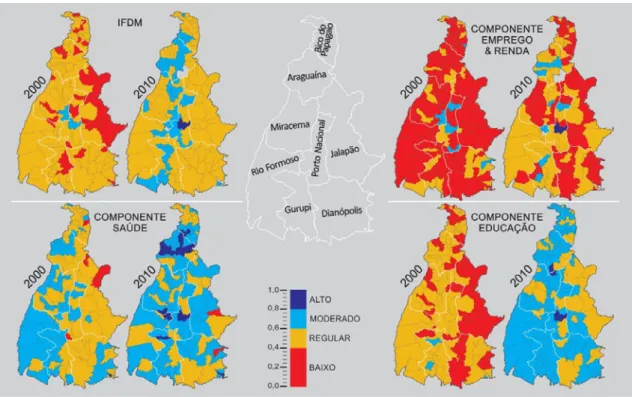 Figura 3 – Índice Firjan de desenvolvimento municipal IFDM e seus componentes   dos municípios do Estado do Tocantins nos anos de 2000 e 2010