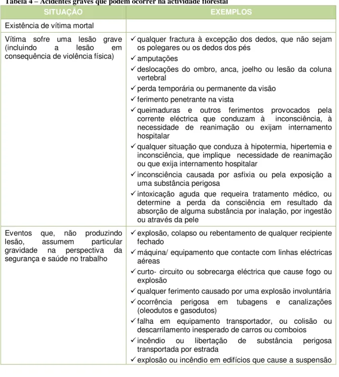 Tabela 4 – Acidentes graves que podem ocorrer na actividade florestal